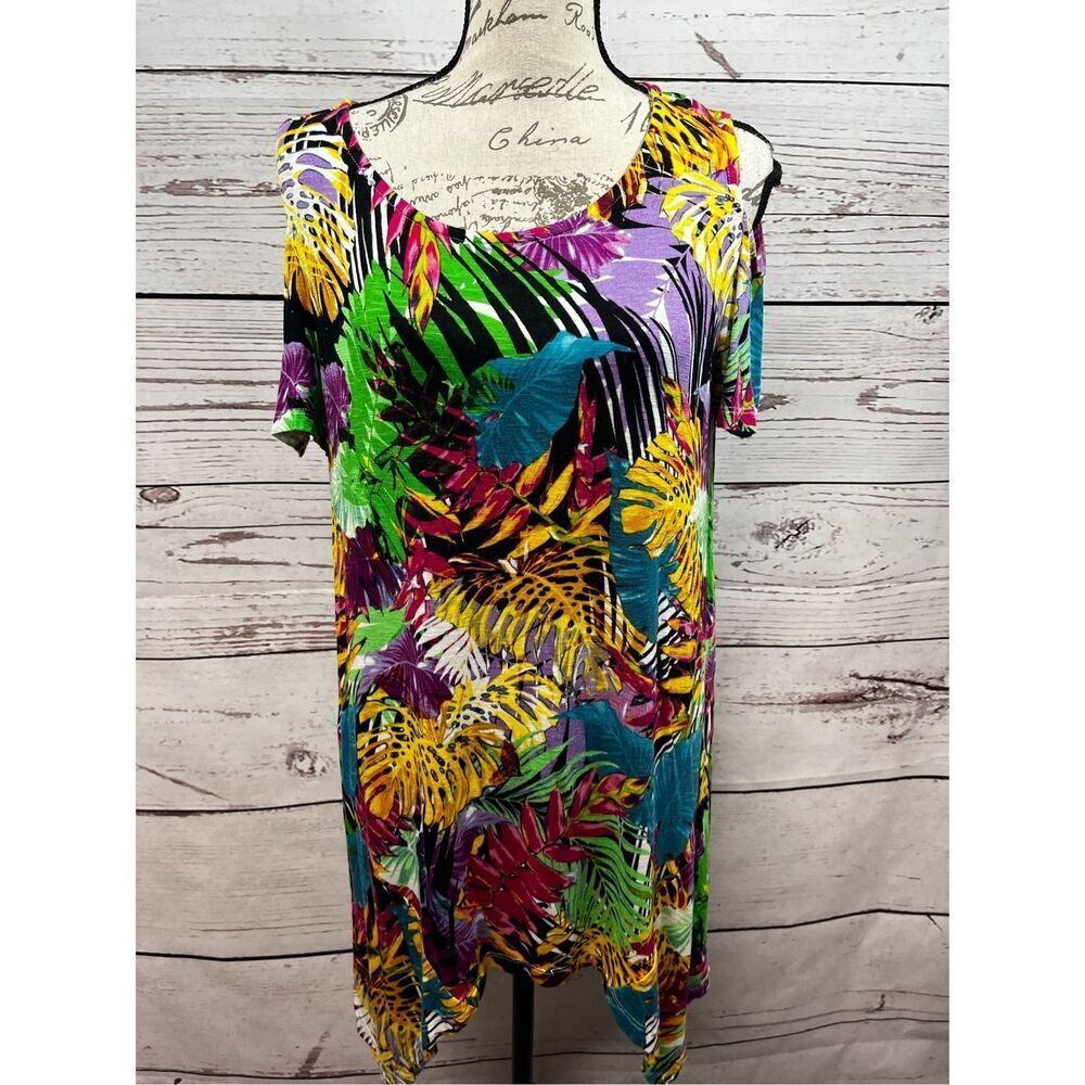 Rafaella 1X tropical multi colored top with peekaboo sleeves - 3059